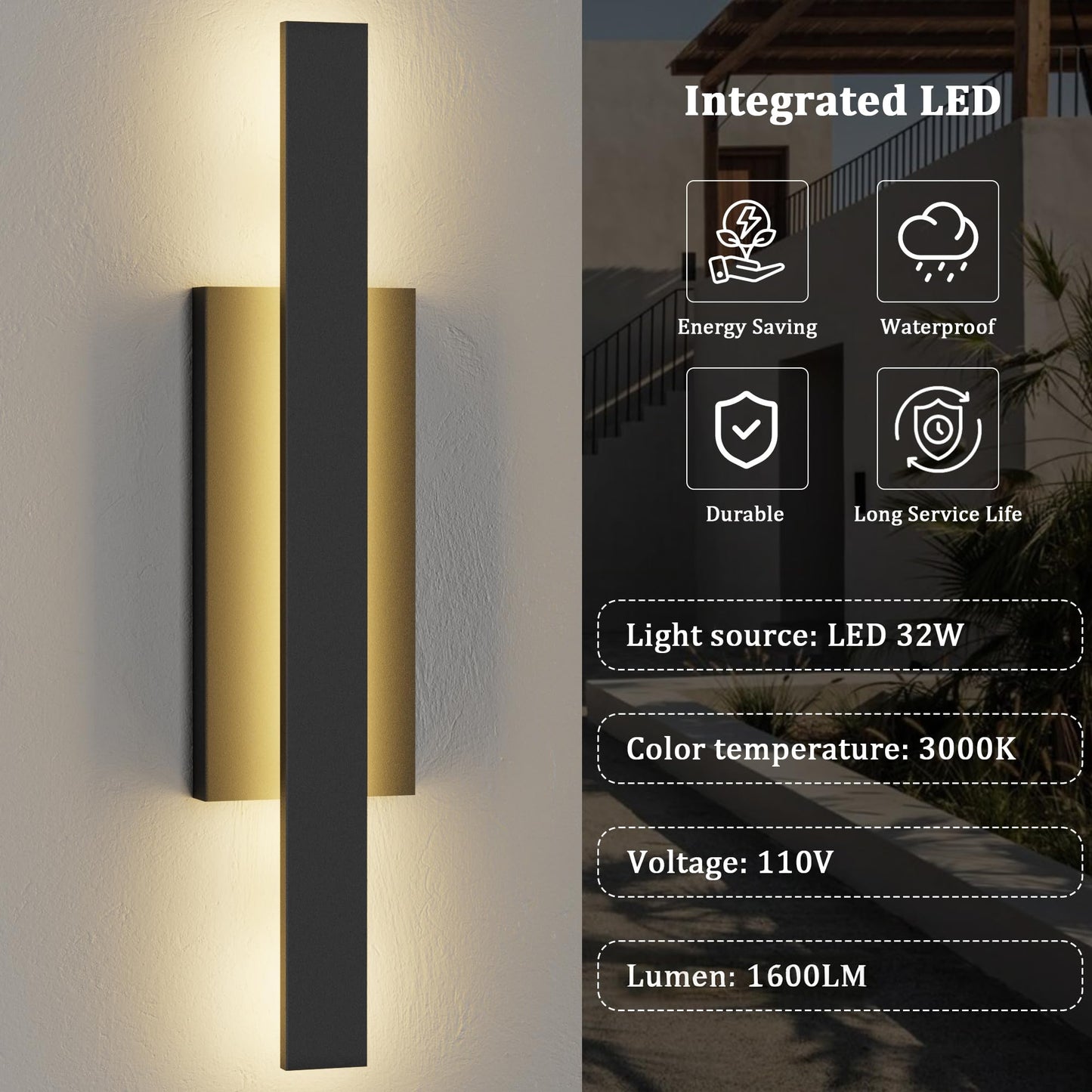 Lamqee 31 Inch Aluminum Long Outdoor Wall Lights  3000K 1600Lm 32W Led Modern Exterior Lighting Fixtures  Ip65 Waterproof Matte Black Linear Outside Sconce Wall Mount For House Porch Patio Garage Door