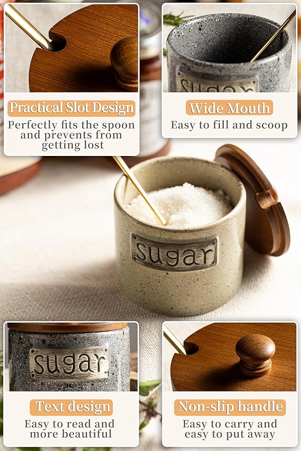 LYEOBOH 15OZ Sugar Bowl, Sugar Dish, Rustic Sugar Container with Wood Lid and Spoon for Coffee Bar, Dishwasher Safe, Stainless Steel Spoon - Farmhouse Kitchen Decor Housewarming Gift, Beige
