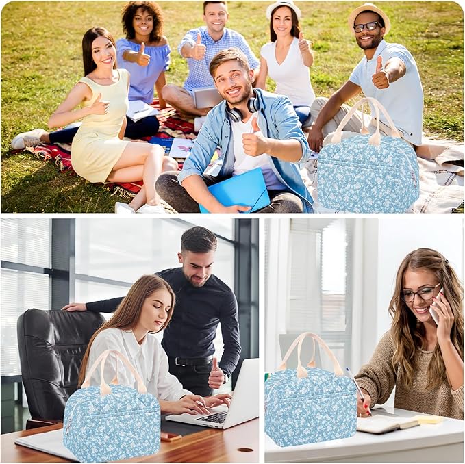 Cotton Quilted Insulated Lunch Bag, Cute Quilted Floral Lunch Tote Bags Reusable Insulated Lunch Box Coquette Aesthetic Large Capacity Insulated Cooler for Women Work Travel Picnic (Light Blue)