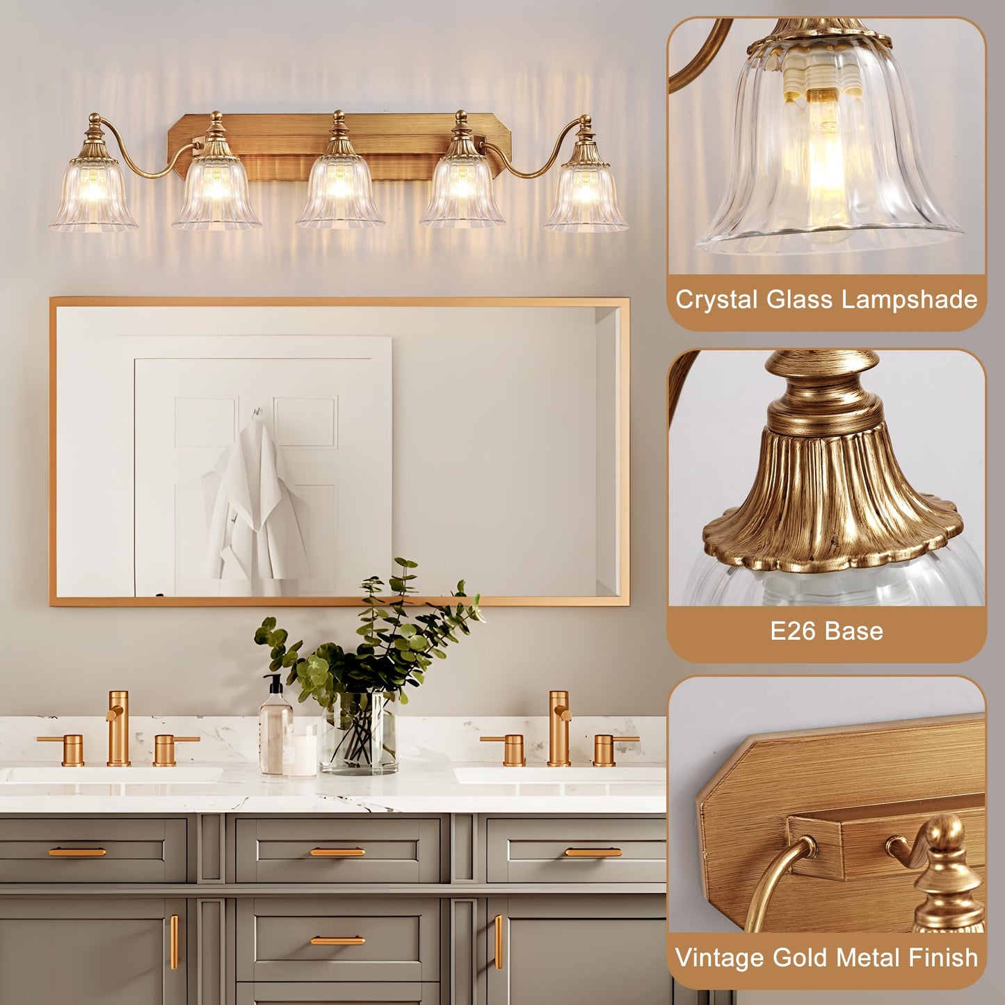 Dvmteom Gold Vintage Bathroom Light Fixtures  5-Lights Bathroom Vanity Light  Antique Brushed Gold Lighting Fixtures Over Mirror With Crystal Glass Shade  Wall Sconce Lighting