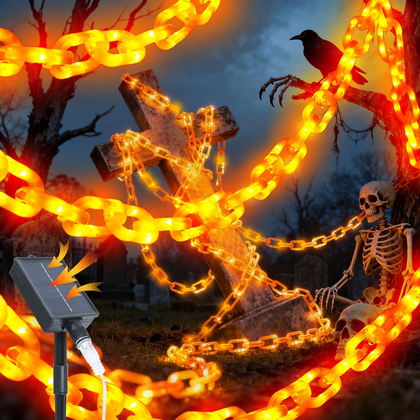 NWLIGHT Halloween Decoration Solar Light String, 13FT, 200 LED, Orange, IP44 Waterproof, 8 Lighting Modes