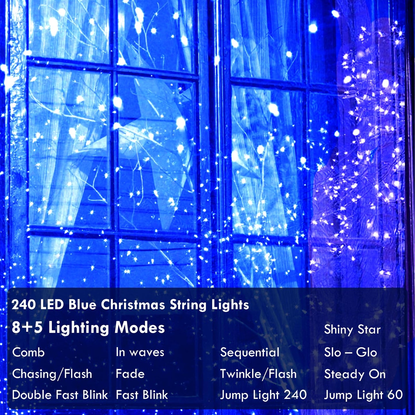 KAQ 240LED Blue Connectable String Lights, Clear Wire, Indoor/Outdoor, Model GP-SW290DC0209-IP44, Timer, Twinkle Fairy Light