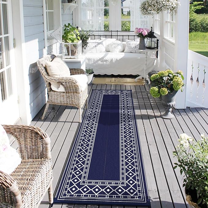 GENIMO Outdoor Rug Waterproof for Patio, 2.5'x8' Foldable Reversible Plastic Straw Runner Rug Carpet for Porch, Outside Area Mat for Rv, Deck, Picnic, Camper, Balcony, Beach, Blue & White