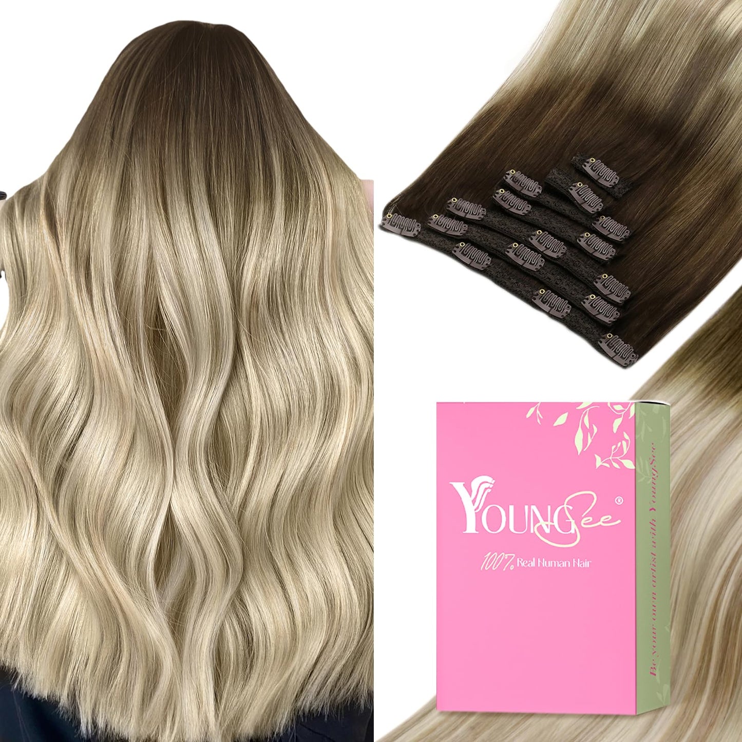 YoungSee Clip in Human Hair Extensions Ombre Remy Human Hair Extensions Clip ins Dark Brown Mix Blonde Balayage Real Extensions