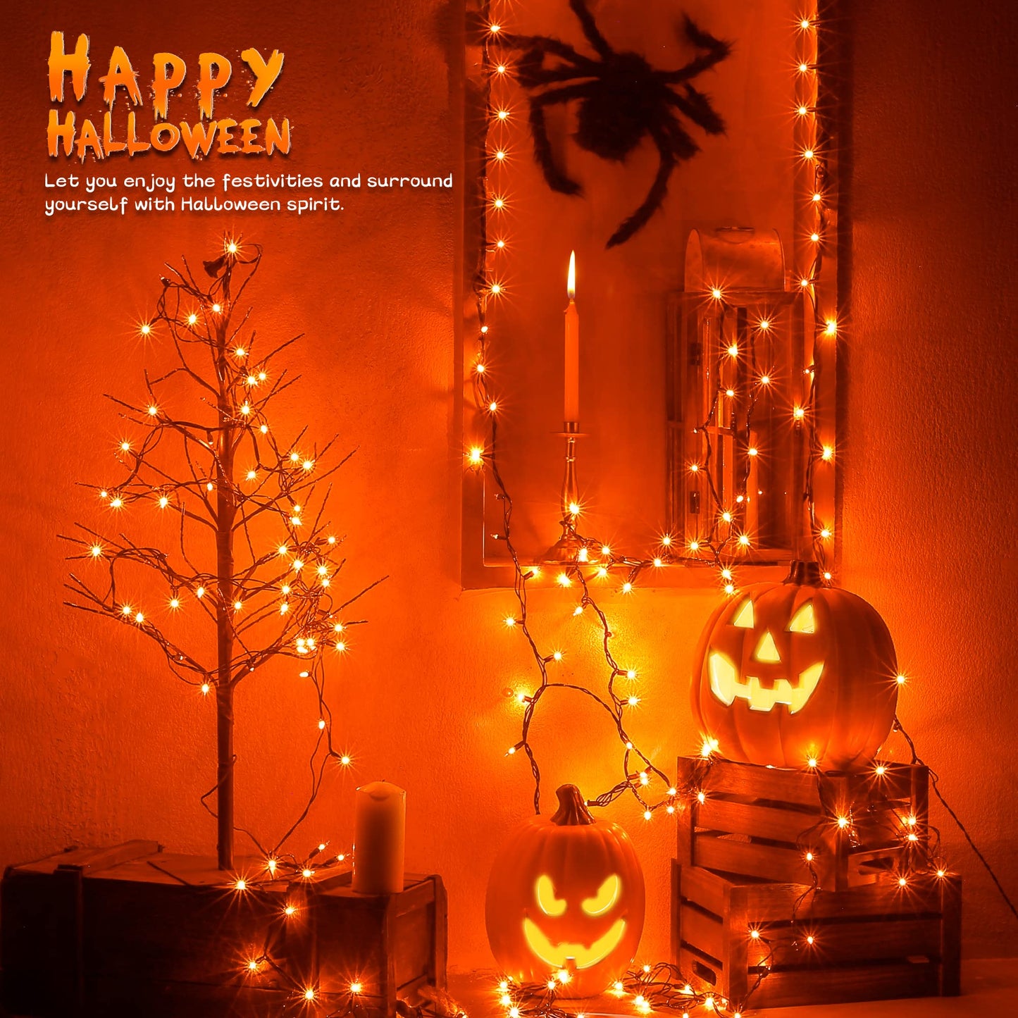 Woohaha Outdoor Halloween Lights, 2Pack 50L Orange Incandescent String Lights, 13Ft 50 Leds, Green Wire, Perfect For Patio And Party Decor