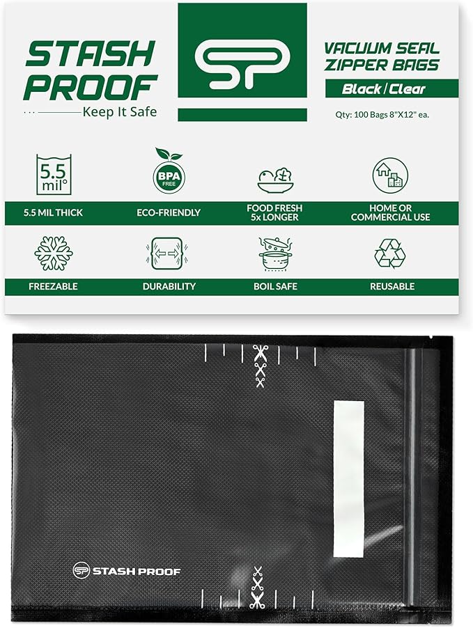 Stash Proof Resealable Zipper Vacuum Seal Bags 8" x 12" (100 Count) 5.5 Mil (Black and Clear) - BPA Free Commerical Grade Food Saver for Storage, Sous Vide, and Meal Prep Sealer Bag