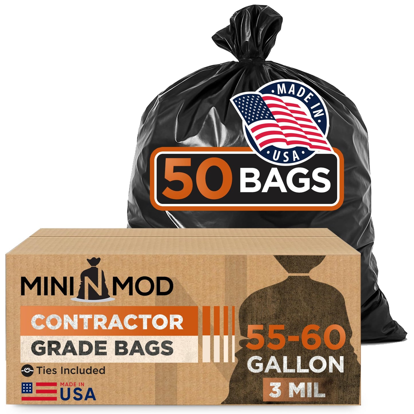Contractor Garbage Bags 55 Gallon Heavy Duty | 50 Count | 3 Mil Construction Bags Heavy Duty with Ties | 55 Gallon Trash Bag for Contractors