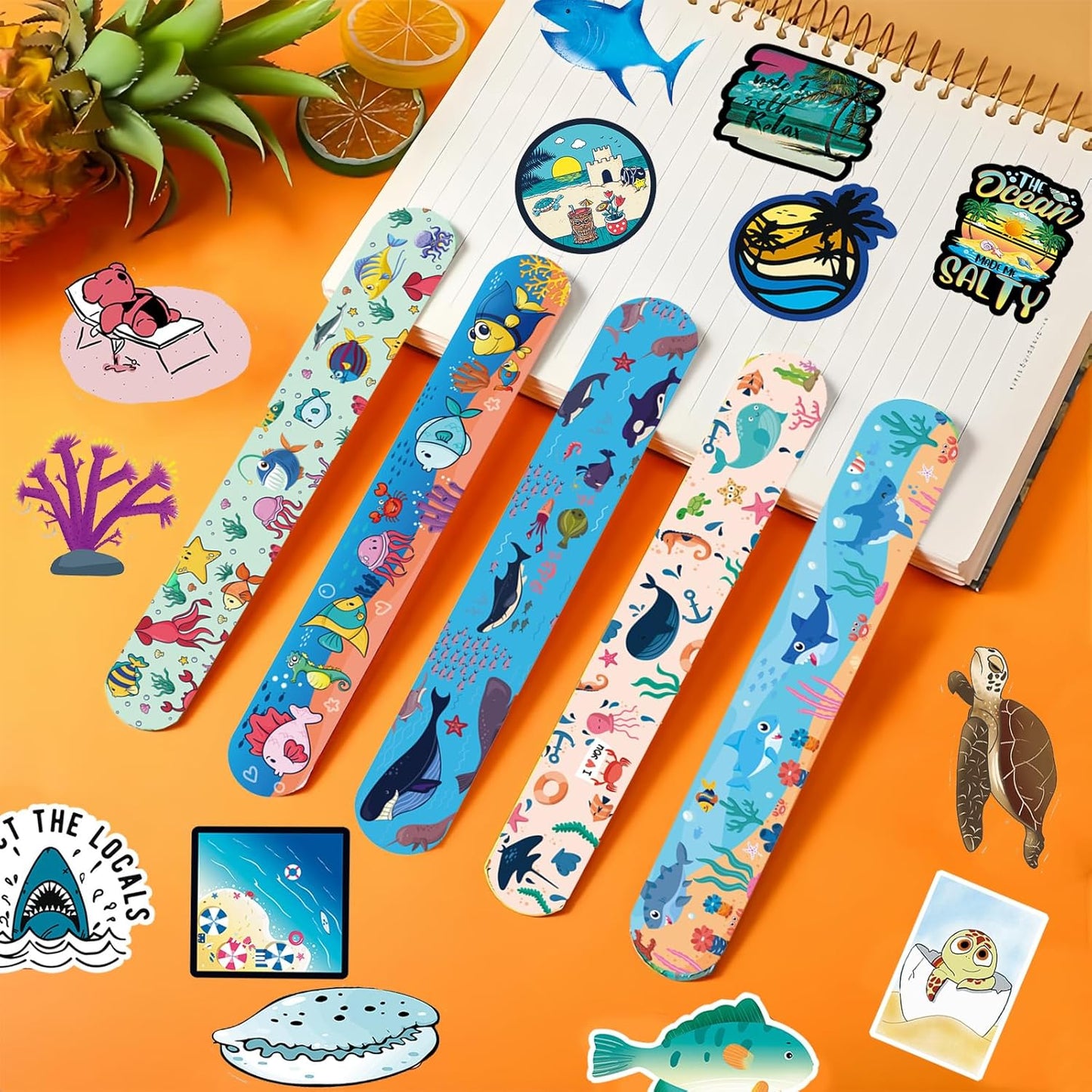 74PCS Ocean Sea Animals Party Favor 50PCS Snap Party Stickers&24PCS Slap Bracelets Under the Sea Animals Birthday Supplies Team Gift Fillers School Rewards Supplies