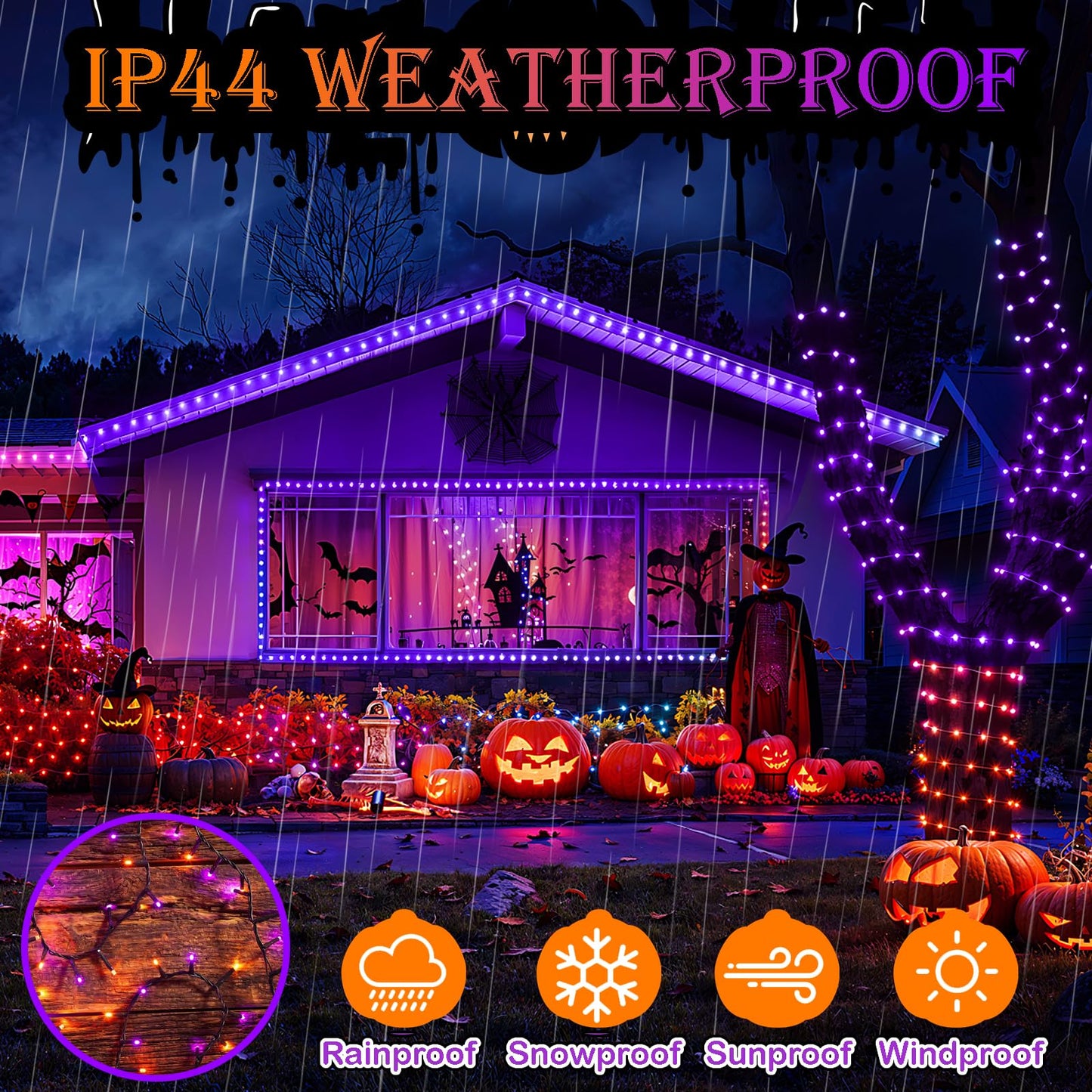 Decute Halloween String Lights Outdoor Indoor Waterproof 300Led 105Ft Ul Certified With End-To-End Plug 8 Modes  Decoration Lights For Christmas Tree Patio Garden Wedding Party Orange Purple