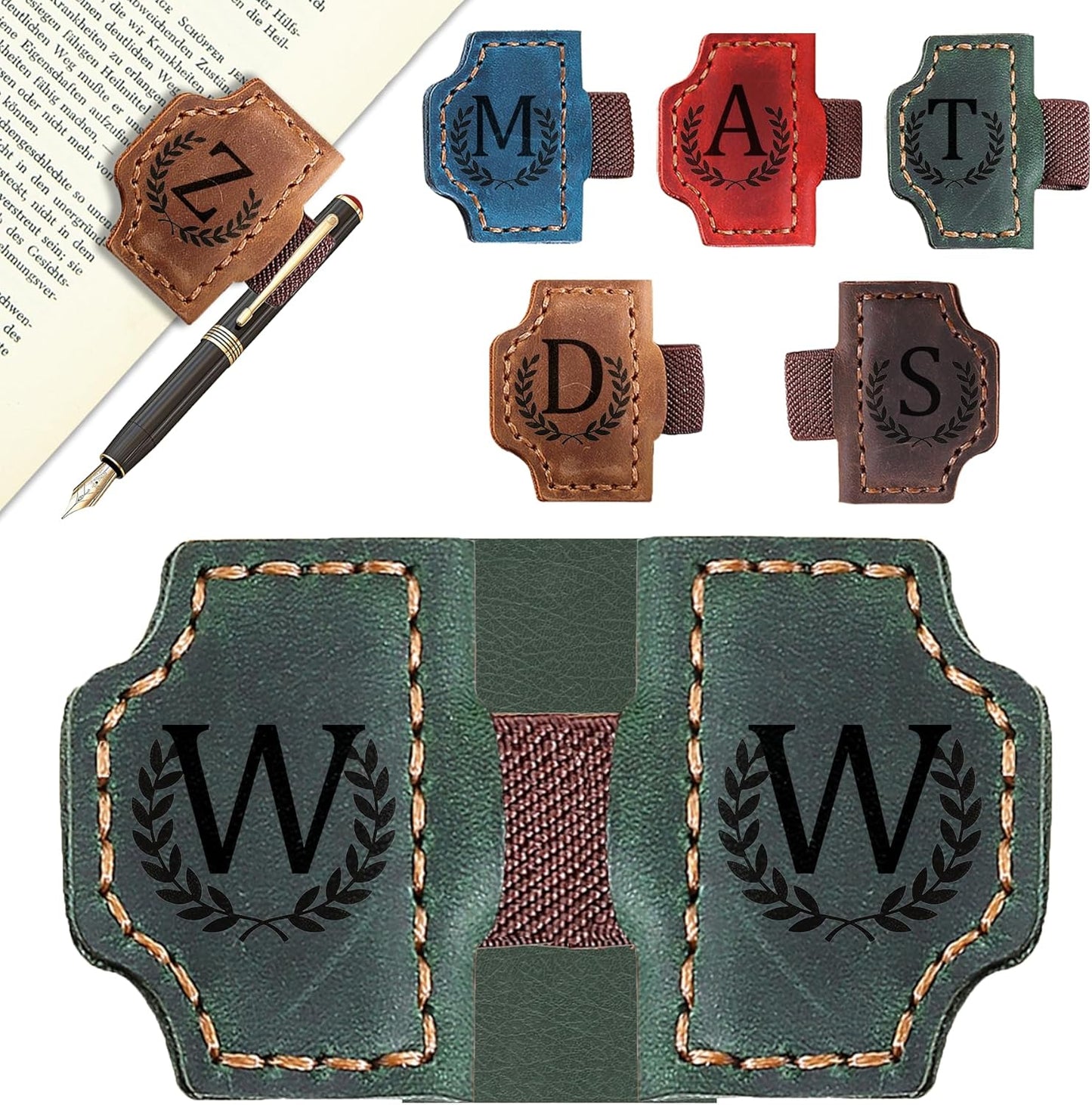 Bygone Mark Bookmark with Pen Holder, 26 Letters Name Initial Personalized Magnetic Bookmarks, Leather Book Mark for Men Women, Travelers Accessories, Teachers Readers Book Lovers Gifts (Green, W)
