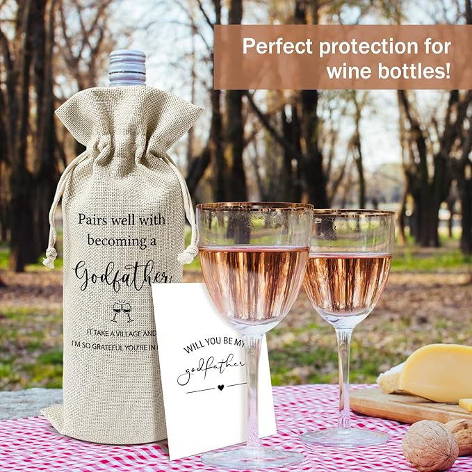 Godfather Proposal Wine Gift Bags & Card, Godfather Gifts Baptism Gifts for Godparents God Dad God Father 1pcs Reusable Burlap Wine Gift Bags for Wine Bottles, Party Favor Will You be My Godfather -19