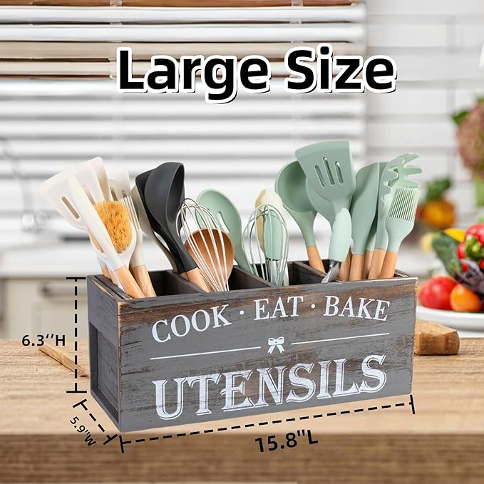 Utensil Holder,Extra Large Wooden Utensil Holder For Kitchen Counter,Cooking Spatula Organizer,Big Storage Caddy With 4 Compartments Flatware Spoon Tool Cutlery(Light Grey)