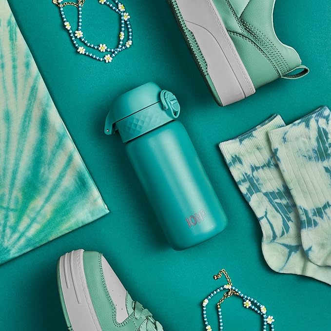Ion8 Kids Water Bottle, Steel 400 ml/13 oz, Leak Proof, Easy to Open, Secure Lock, Dishwasher Safe, Flip Cover, Carry Handle, Easy Clean, Durable, Scratch Resistant, Carbon Neutral, Teal Green