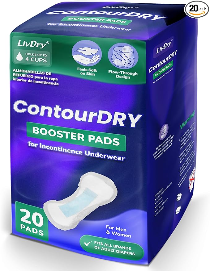 ContourDry Booster Pads XL by LivDry, Adds Max Absorbency to Adult Diapers with Flow-Through Design, Up to 4 Cups Capacity, More Coverage for Women and Men, 20 Count