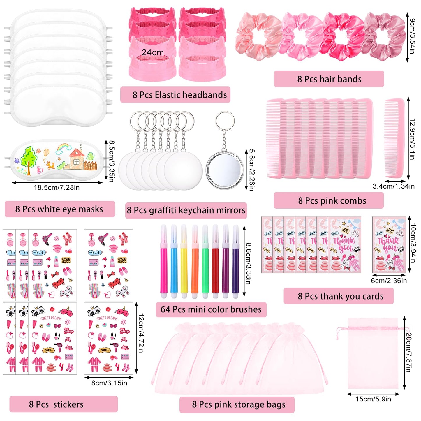 Daifunli 128 Pcs Sleepover Party Supplies Include White Eye Mask Graffiti Mirrors Blindfold Fabric Marker Pens Hairband Scrunchies Comb Keychains for Spa Slumber Bachelorette Women Favors