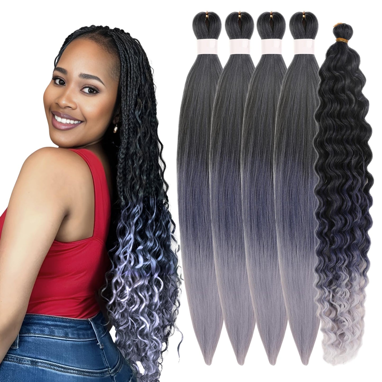 Blue Ombre Braiding Hair Pre stretched for Boho Braids hypoallergenic Knotless Curly Braiding Hair Non Itch Non Toxic Braids