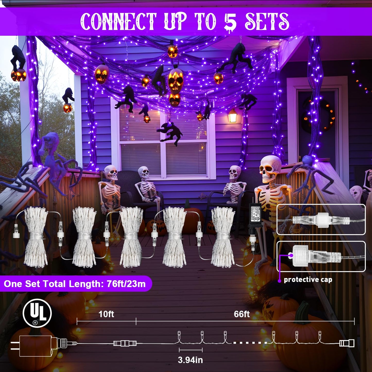 POTIVE Purple Halloween Lights - 200 LED Indoor/Outdoor, 66ft, Waterproof, 8 Modes, Model EXS-S-0200