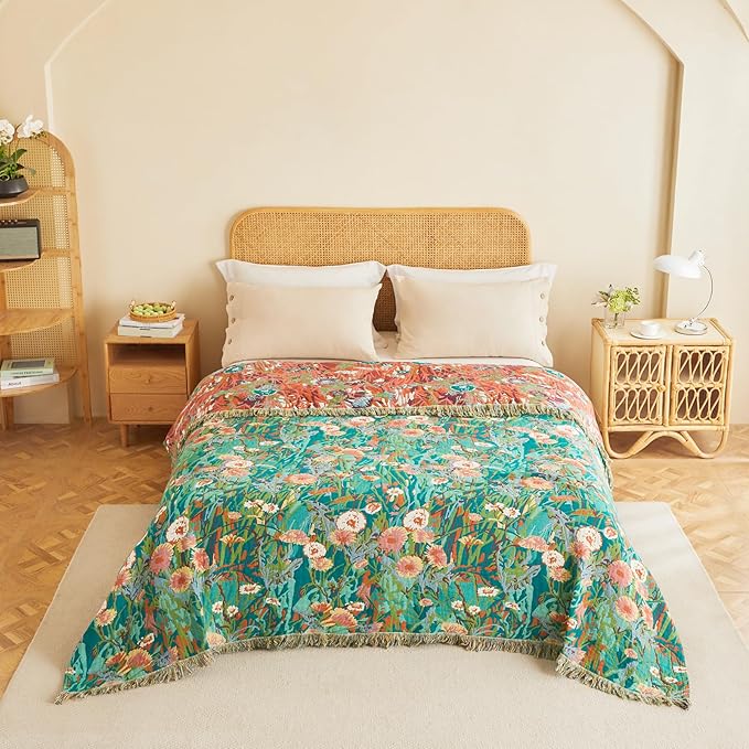 MSGKV Boho Throw Blanket 60"x80" Floral Blankets for Bed 100% Cotton Twin Size Couch Blanket Lightweight Farmhouse Muslin Breathable Home Decor All Seasons