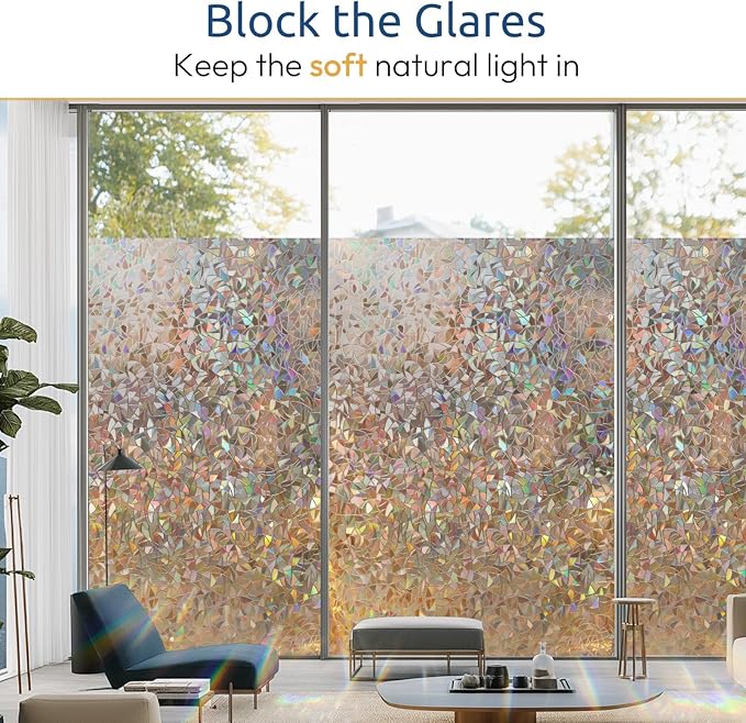 rabbitgoo Window Privacy Film Rainbow Film Decorative Window Sticker, 3D Static Stained Glass Cling Tint for Home Heat Control Non-Adhesive, Brown, 17.5 x 157.4 inches