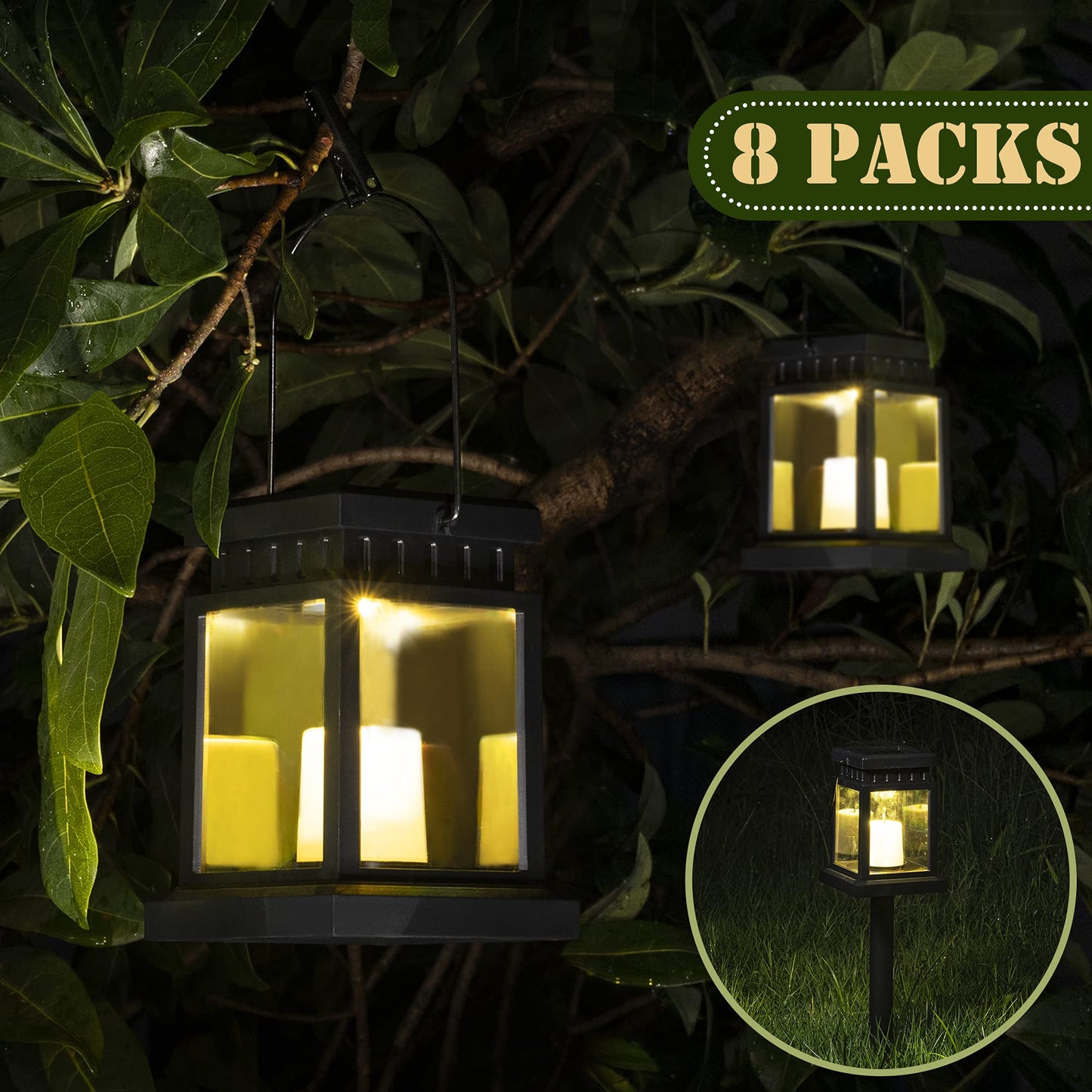 Solpex Solar Lanterns Outdoor - 8 Pack Led Hanging Lights, Waterproof, Candle Effect, Black, 3.5X3.5X16.2, Model 8374-X