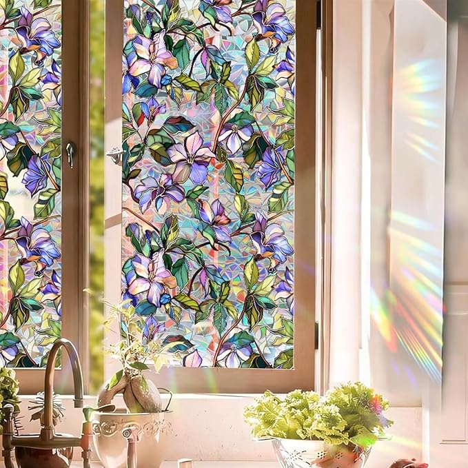 Purple Flower Stained Glass Window Film, Rainbow Floral Static Cling Privacy Film, UV Protection Removable Decal Sticker for Bathroom Bedroom Living Room Sunroof, 17 x 78.74 Inch