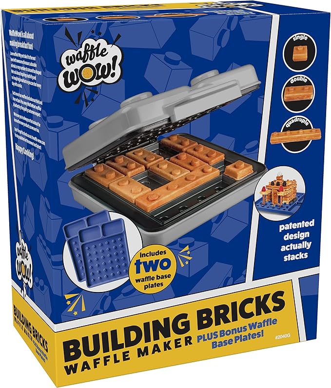 Building Brick Electric Waffle Maker- GREY with 2 Construction Eating Plates- Cook Fun Buildable Gingerbread Man Waffles in Minutes- Revolutionize Breakfast - Stack & Build on Serving Dishes Xmas Gift