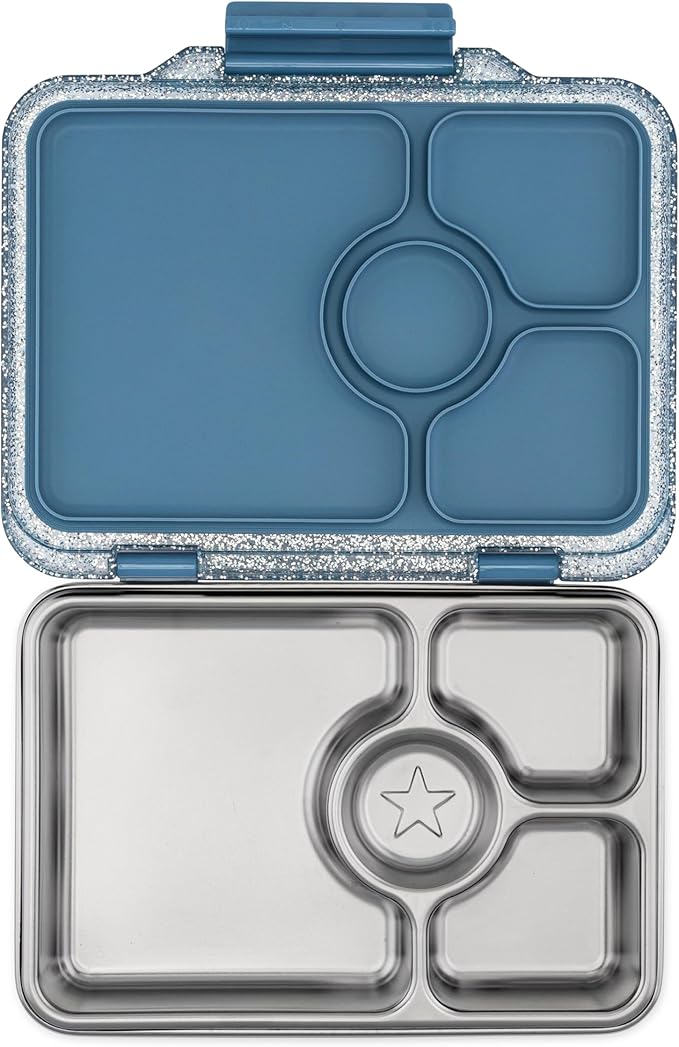 Yumbox Prêt Stainless Steel Leakproof Bento Lunch Box – 3-Compartment, Sandwich-Friendly Tray for Kids & Adults, Reusable, BPA-Free, Easy Open Latch (Paris Blue Glitter)