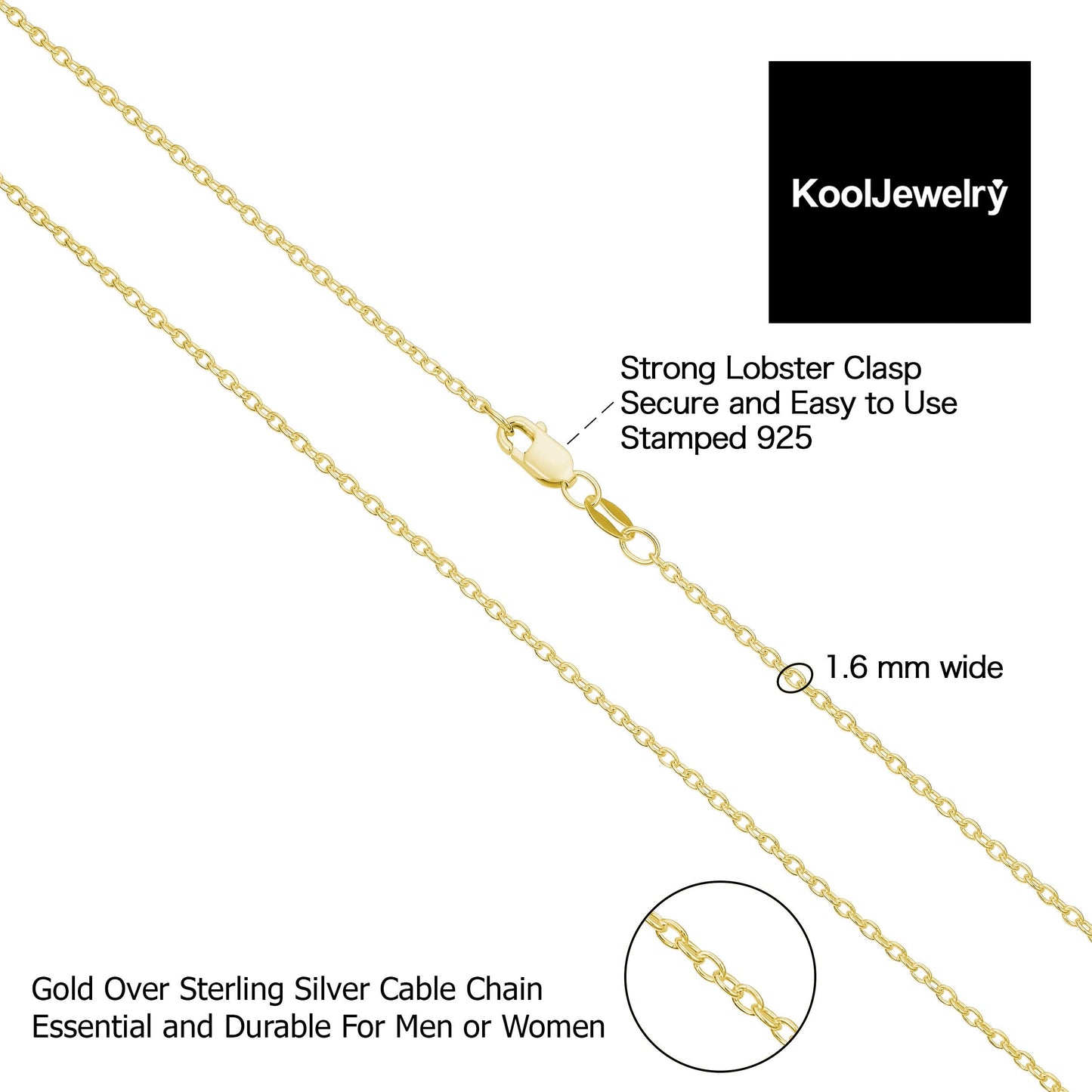Kooljewelry Yellow Gold Over Sterling Silver Round Cable Chain Necklace (1.6 mm, 20 inch)