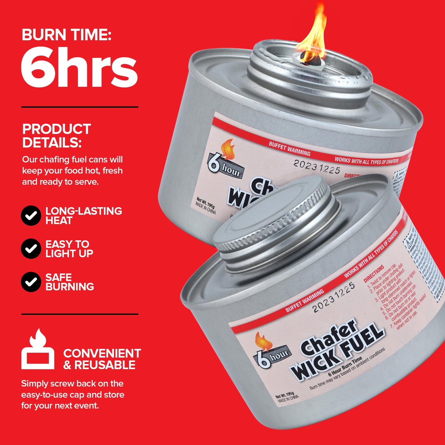 Food Warmers for Parties 6 Hour (48 Pack), Chafing Fuel Cans with Wick and Safety Twist Cap, Catering Warmers for Buffets, Weddings and Events