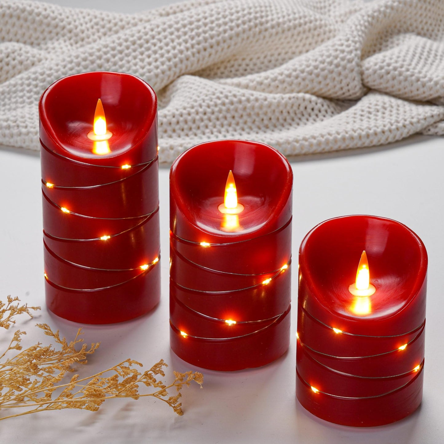 Red Rechargeable LED Flameless Candles 3-Piece Set (4/5/6 Inches) - Real Wax with String Lights, Remote Control & Timer, Safe Realistic Flames for Christmas/Halloween Holiday Home Decorations