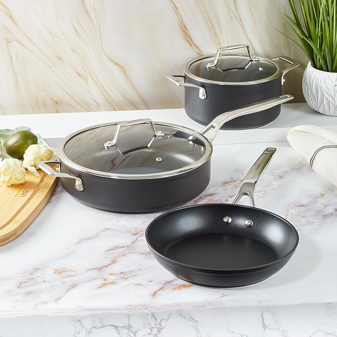 BergHOFF Essentials 10Pc Non-stick Hard Anodized Cookware Set With Glass lid, FernoGreen Non-toxic Nonstick Coating, Stainless Steel Handle, Induction Pots and Pans, Black