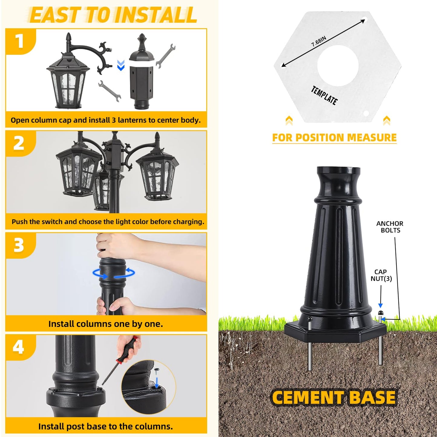 Gydz 3-Head Solar Outdoor Street Light With Dusk To Dawn Sensor  Aluminum Exterior Pole Light With Water Ripple Glass  Classic Waterproof Black Solar Lamp Post Lights For Backyard  Garden  Driveway