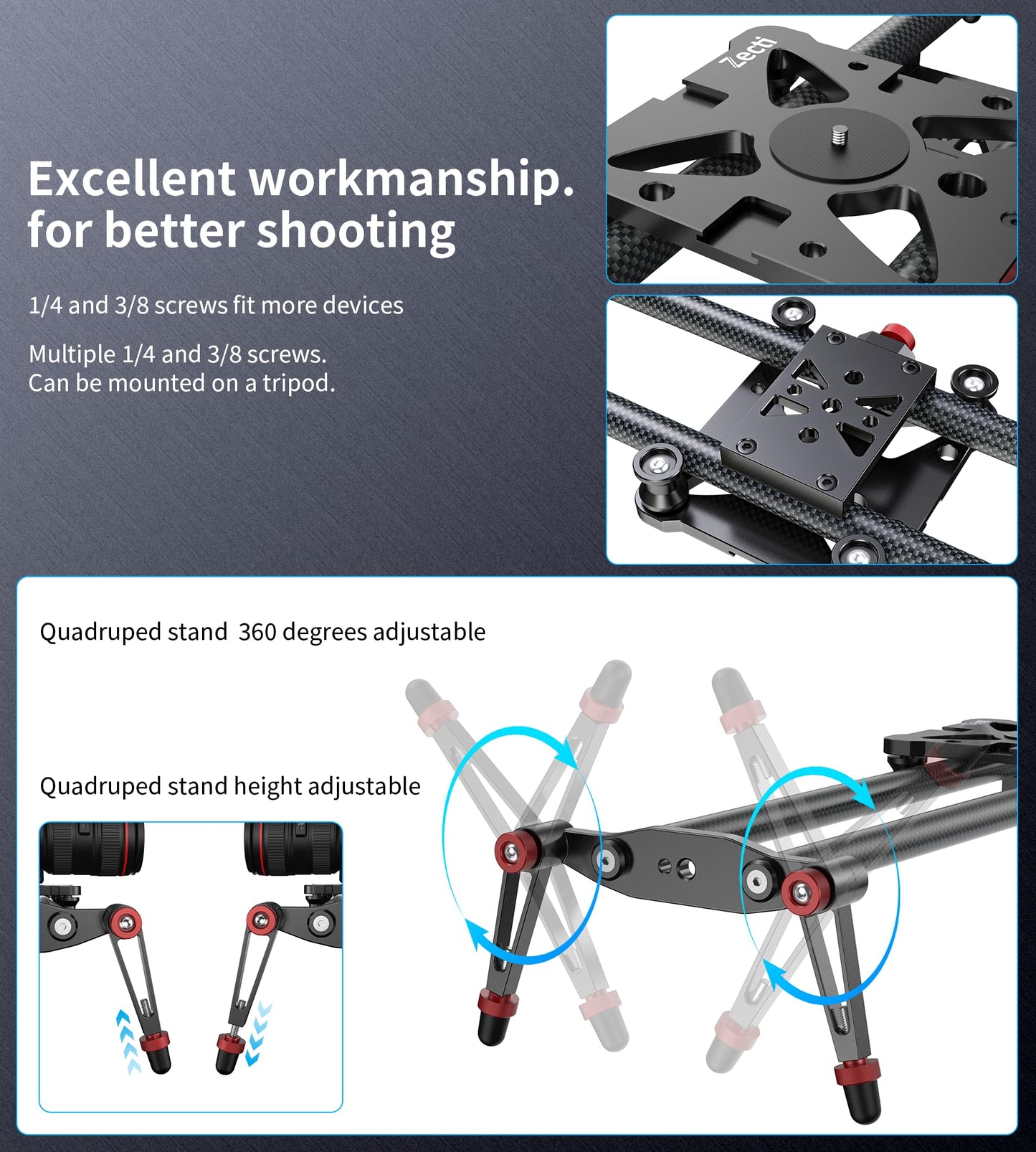 Zecti Camera Slider 24 /60 Cm Adjustable Carbon Fiber Camera Dolly Track Slider Video Stabilizer Rail For Camera Dslr Video Movi