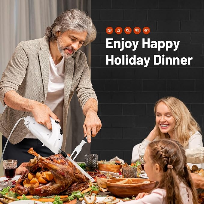 KEENSTAR Electric Knife for Carving Meat, Turkey, Bread, 150W Electric Knife Set with 2 Serrated Stainless Steel Blades & Serving Fork for Slicing Poultry, Ham & More, Ergonomic Handle & Safety Lock