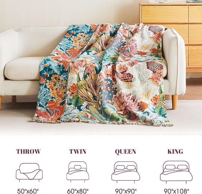 MSGKV Boho Throw Blanket for Couch 100% Cotton Floral Blanket 50"x60" Sofa Bed Chair Blanket All Seasons Farmhouse Muslin Breathable Lightweight Blankets Home Decor