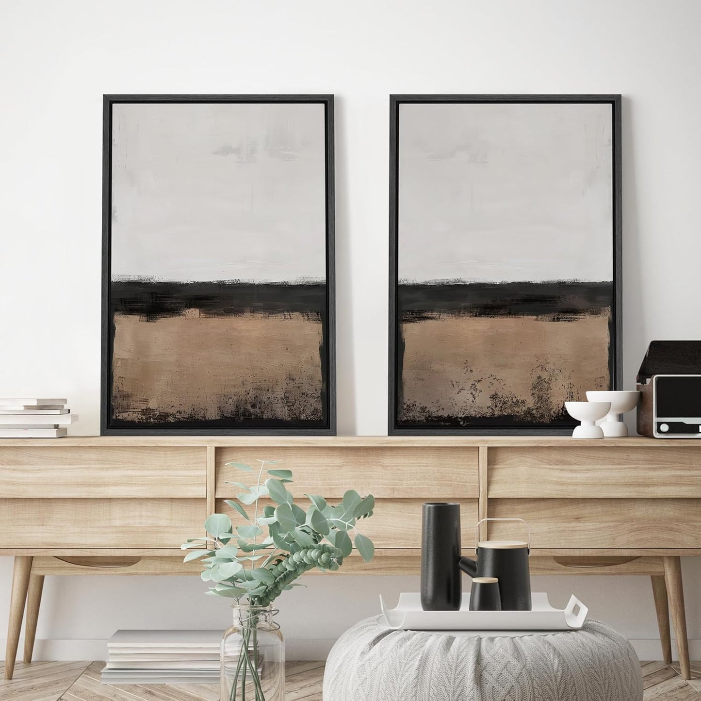 SIGNWIN Framed Canvas Print Wall Art Abstract Landscape Neutral Tones with Horizon Line Illustrations Modern Art Decorative Contemporary for Living Room, Bedroom, Office - 24"x36"x2 Black