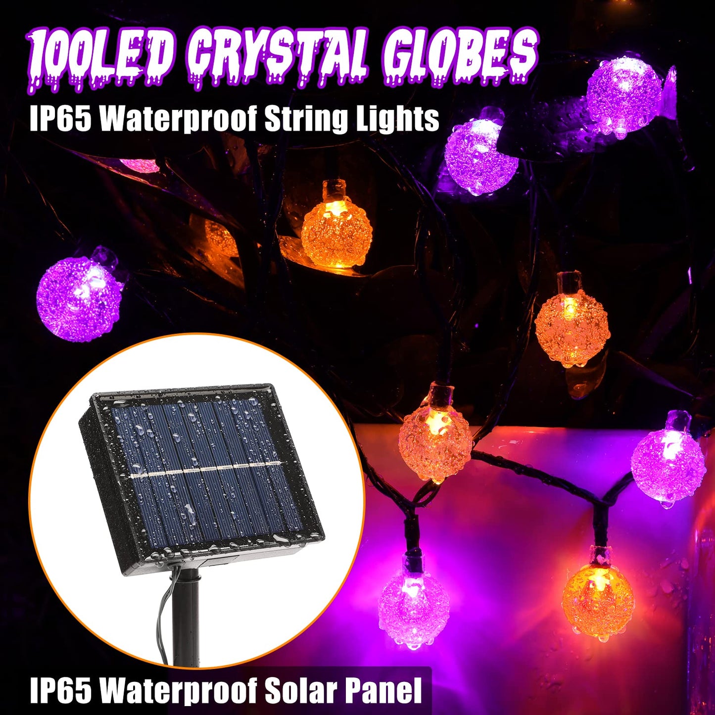 Lomotech Halloween Solar Lights - 100 LED String Lights - 72FT, Waterproof, 8 Modes, Orange & Purple, Model LED08230200