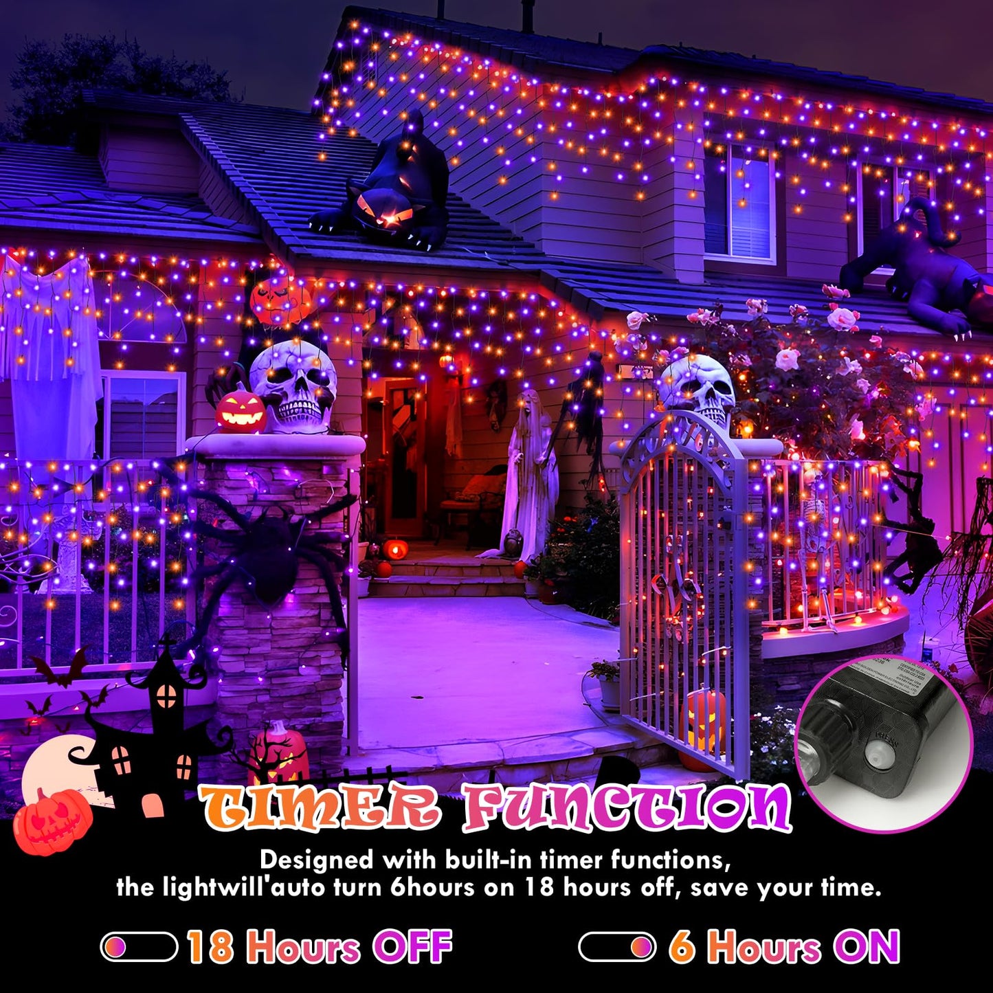 Heceltt Halloween Lights, 640 LED 66FT, Orange and Purple, Clear Wire, 8 Modes, Timer Memory Function, Model BG-CL3M3-306L01