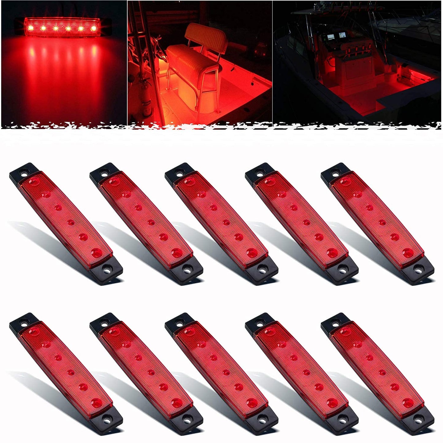 PSEQT LED Boat Interior Lights - Waterproof Courtesy Light Strip - Red - 10PCS - PC Lens for Fishing, Pontoon, Kayak, Yacht, Sailboat
