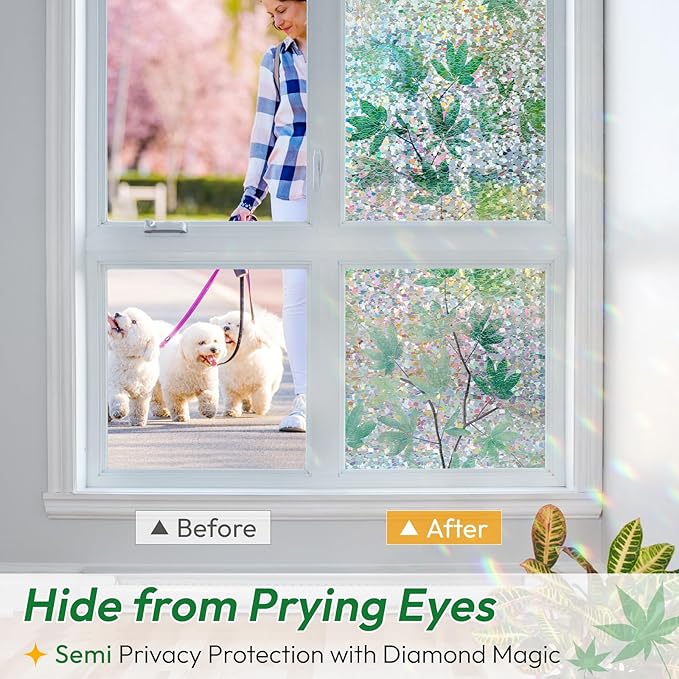 rabbitgoo Rainbow Window Privacy Film Decorative Stained Glass Diamond Pattern Window Sticker with Iridescent Tint Non-Adhesive Static Cling for Home Office Bathroom, Green Leaf 35.4 x 78.7 inch