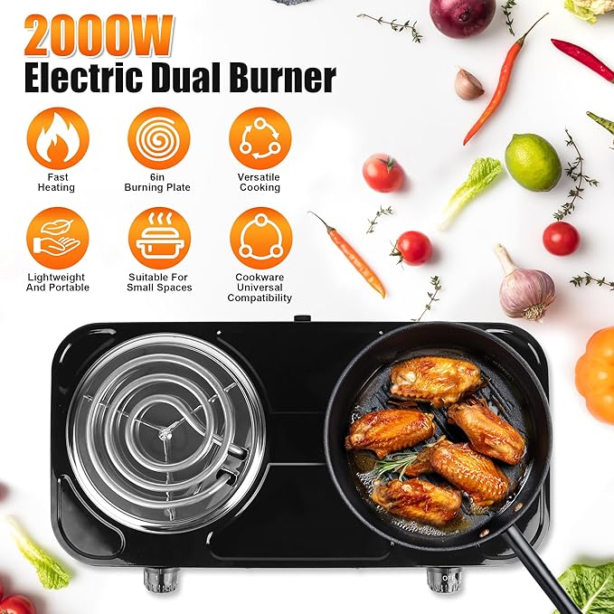 Double Hot Plate, 2000W Portable Countertop Burner & Electric Stove, 5-Level Temp Cast Iron Double Burner Cooktop for Home/RV/Camping (Black)