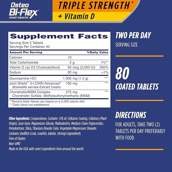 Osteo Bi-Flex Triple Strength(5) with Vitamin D Glucosamine Chondroitin Joint Health Supplement, Coated Tablets, 80 Count (Pack of 2)