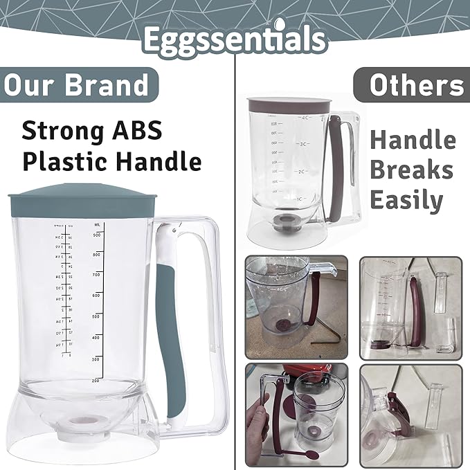 Eggssentials Pancake Dispenser – Easy Control Cake Mix Dispenser for Baking – Drip-Free Muffin & Cupcake Batter Dispenser with Handle – Great for Griddle Pancakes - Grey Color