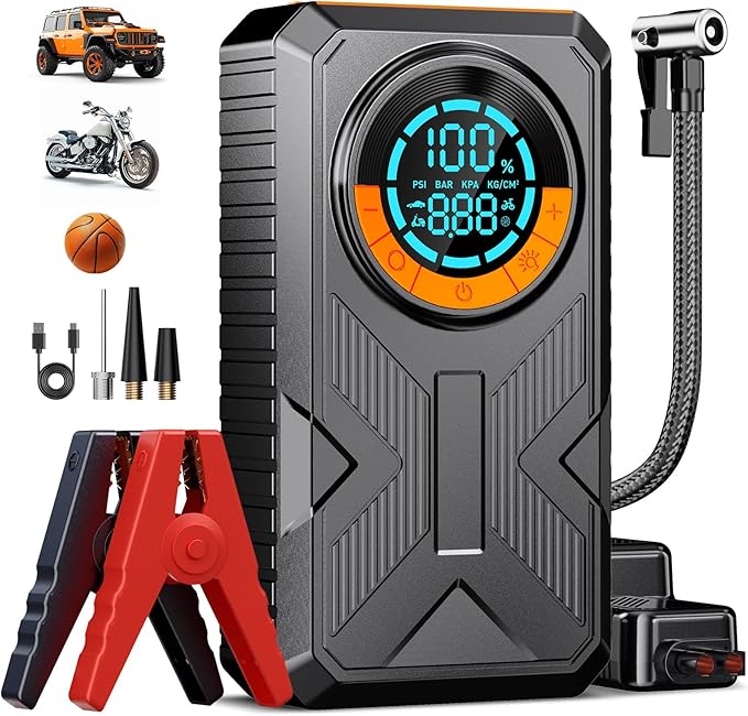 Jump Starter with Air Compressor, Battery Jumper Starter Portable Jump Box，Car Battery Jump Starter 8.0 Gas/7.0L Diesel 12...