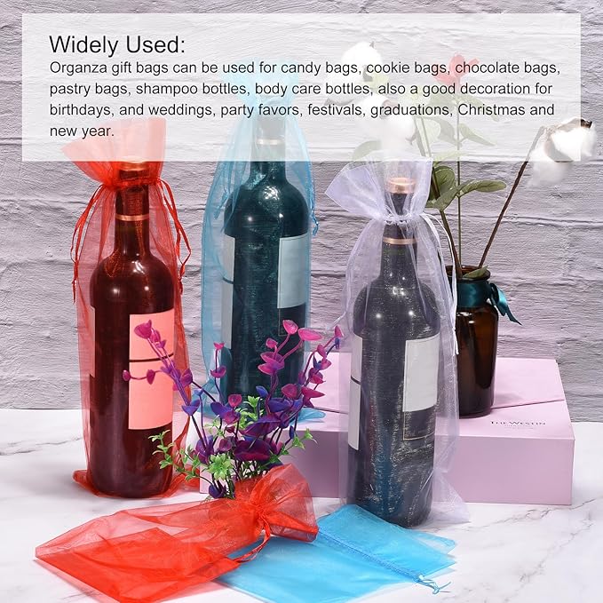 uxcell Organza Wine Bags, 12PCS 14.5 x 5.5 In Dark Blue Sheer Mesh Organza Wine Wrapping Bags With Drawstring Wine Gift Pouches for Bottle Birthday, Wedding Party