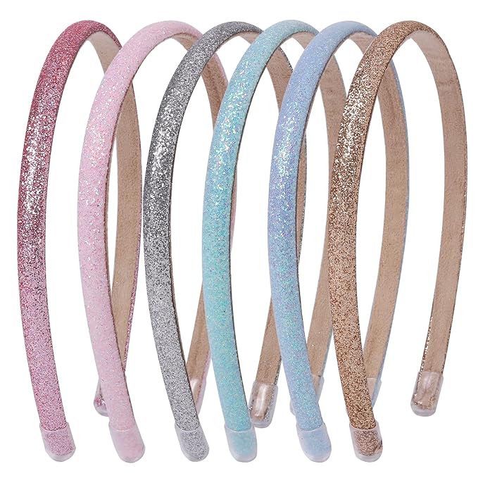 Fishdown Thin Glitter Headbands 6 Pack, Including Gold, Silver, Rose Red, Pink, Blue, Light Blue for Girls and Women, Non-...