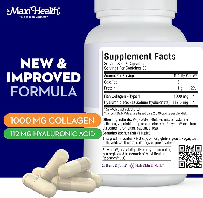 Maxi Health Collagen with Hyaluronic Acid Capsules - 1.5X More Efficient Absorption - Kosher Type I Hydrolyzed Marine Collagen Capsules Hyaluronic Acid Supplements for Hair, Skin, 180 Count