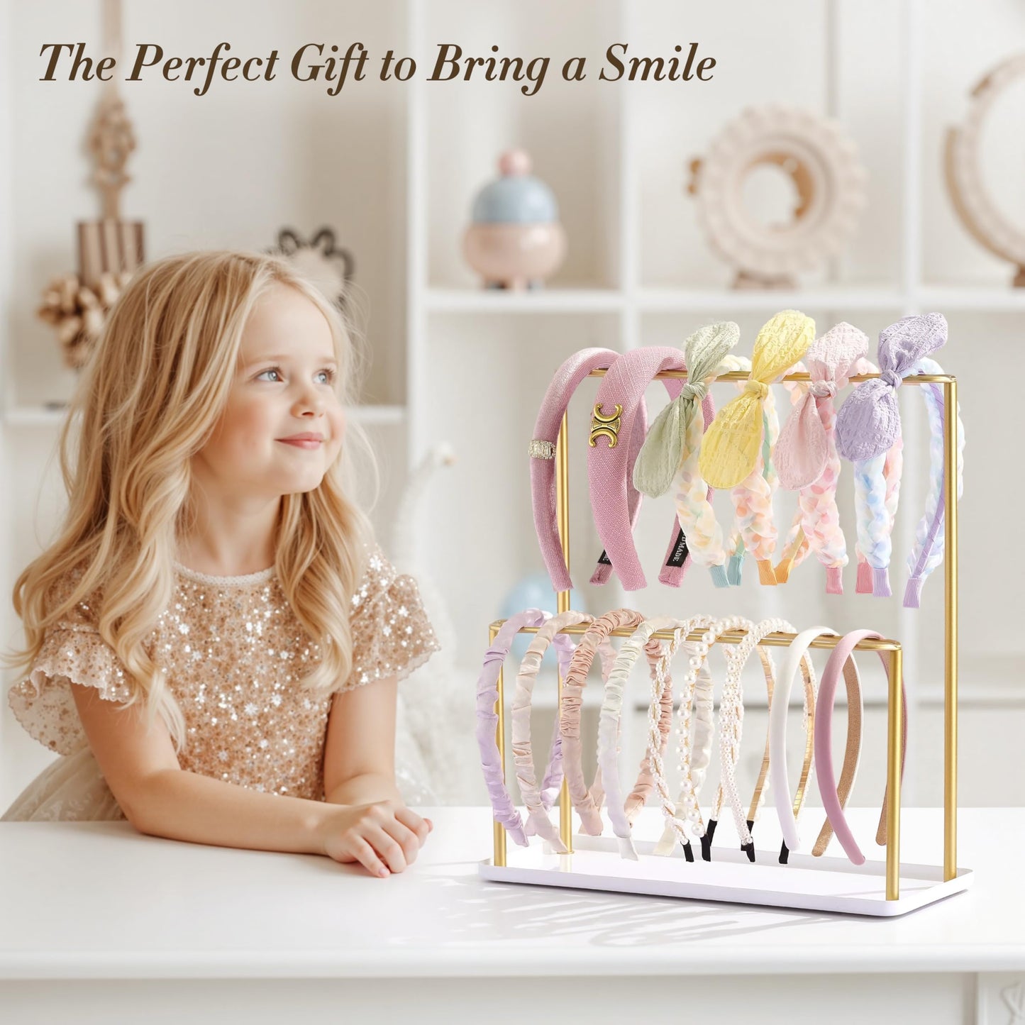 Josmimic Headband Holder Organizer Metal 2-Tier with Tray: Hair Accessories Display Stand Storage Hairband Rack Necklace Stand H
