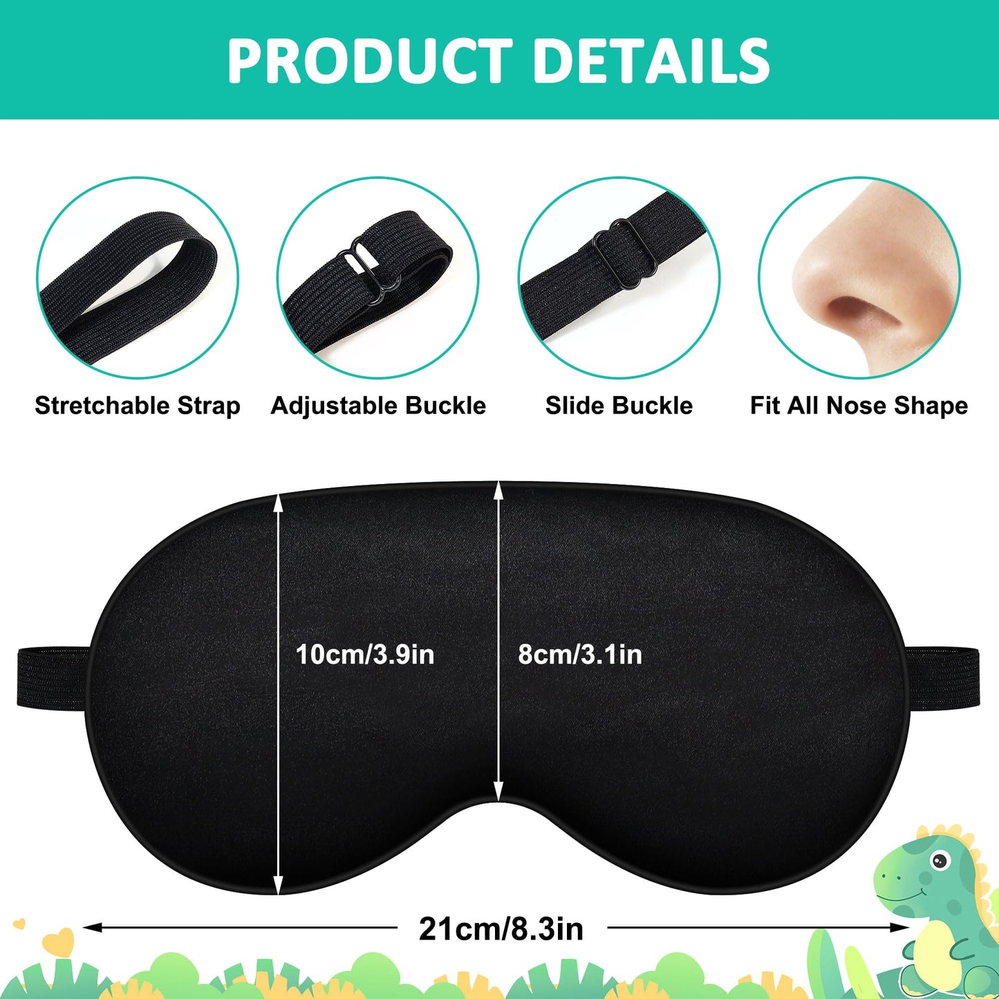 2 Pcs Sleep Mask,Cute Dinosaur World Blackout Sleeping Mask for Kids Teen Adult,Funny Eye Mask with Adjustable Strap for Home Party Children's Travel Soft Eye Cover Blindfold (Black+Green)