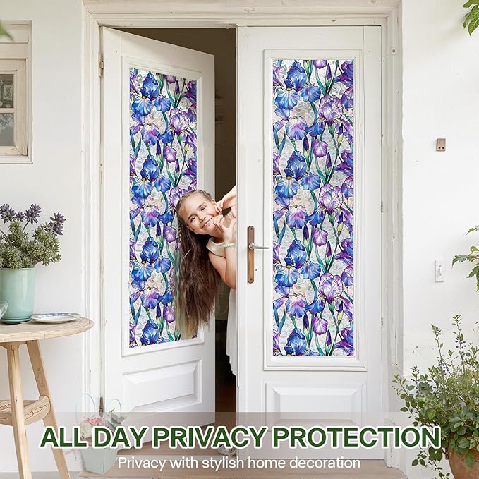 Stained Glass Window Film UV Resistant Window Privacy Film Purple Floral Privacy Rainbow Decals Living Room Bedroom Sun Blocking Decor Removable Static Cling Stickers 17 x 39.37 Inch